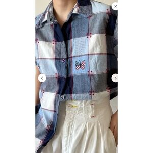 Liz & Me Vintage Blue Plaid Button-Up Shirt with Butterfly Motif